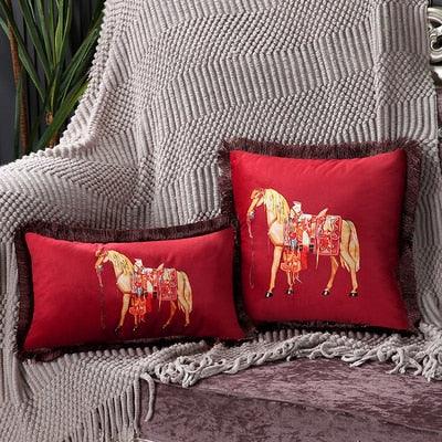 Stevvex 2pc cushion covers red horse-printed polyester with tassel edge decorative throw pillows on Tampa Home & Garden Store