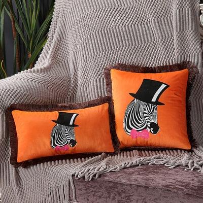 Stevvex horse print lumbar cushion cover set of 2, orange polyester with tassel edge on Tampa Home & Garden Store