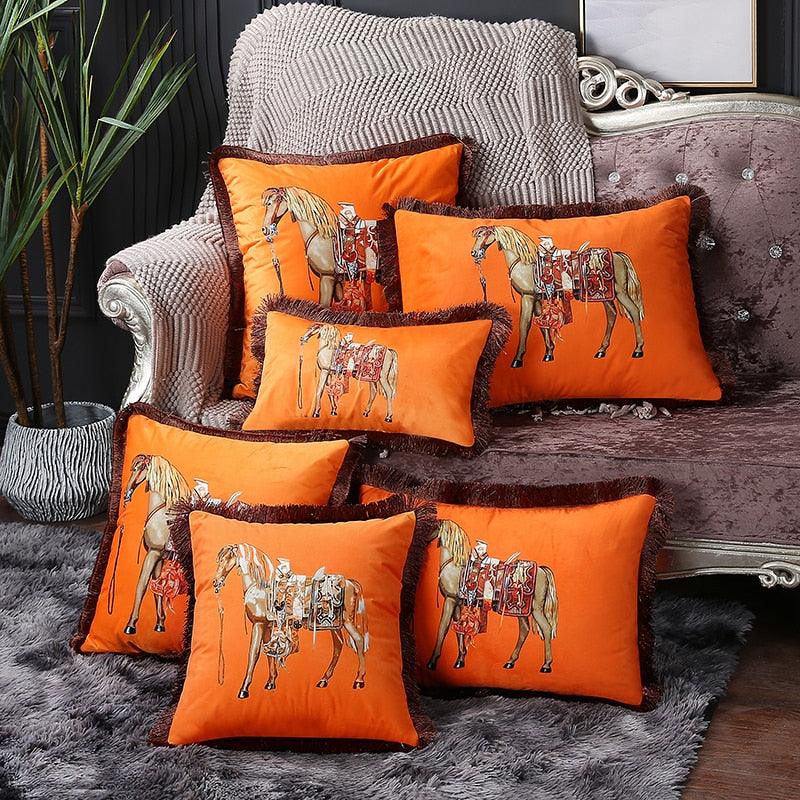 Throw pillow covers Stevvex orange horse print with brown tassel trim set for sofa on Tampa Home & Garden Store