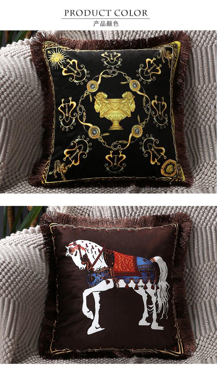 Stevvex cushion covers 2-piece set black gold ornate pattern tassel edge brown horse print on Tampa Home & Garden Store