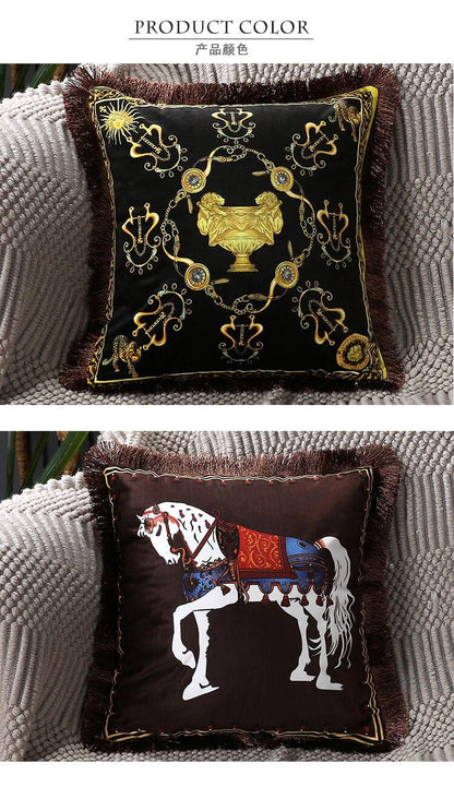 Stevvex cushion covers 2-piece set black gold ornate pattern tassel edge brown horse print on Tampa Home & Garden Store