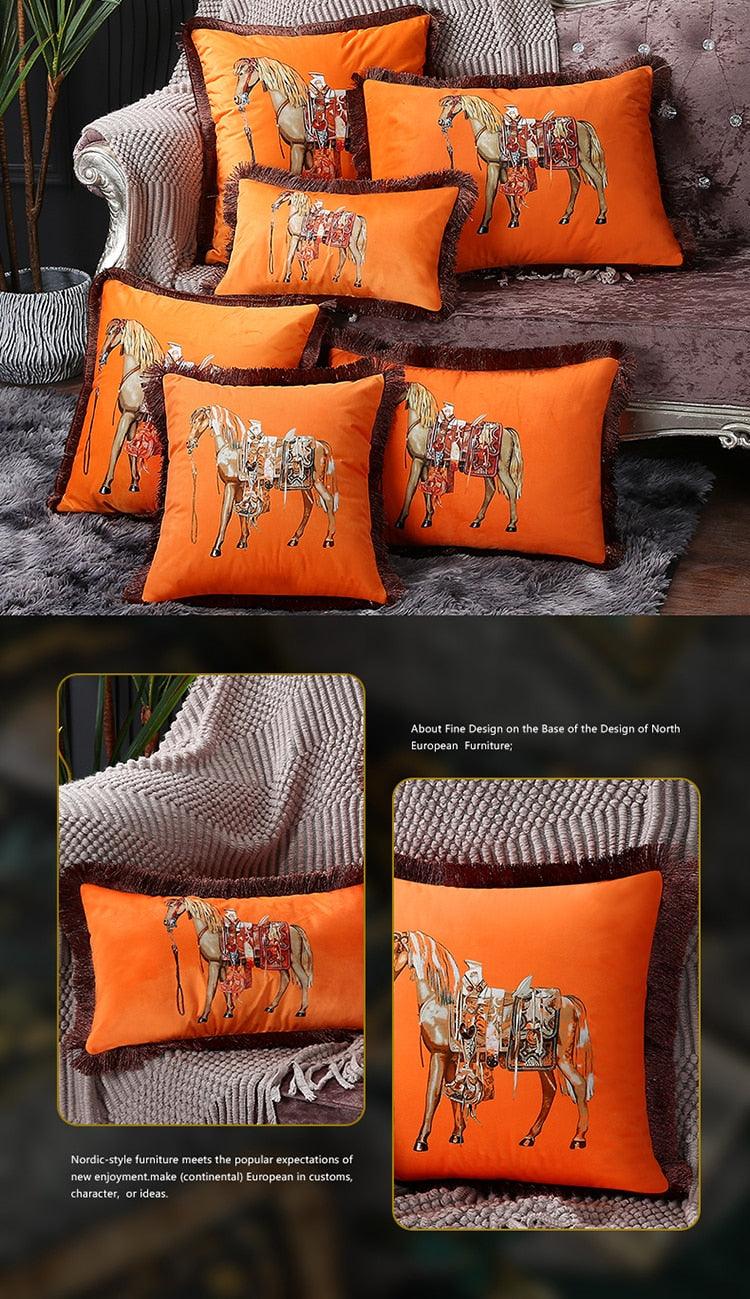 Stevvex orange horse-printed cushion covers set with tassel-edge trim for sofa decor on Tampa Home & Garden Store