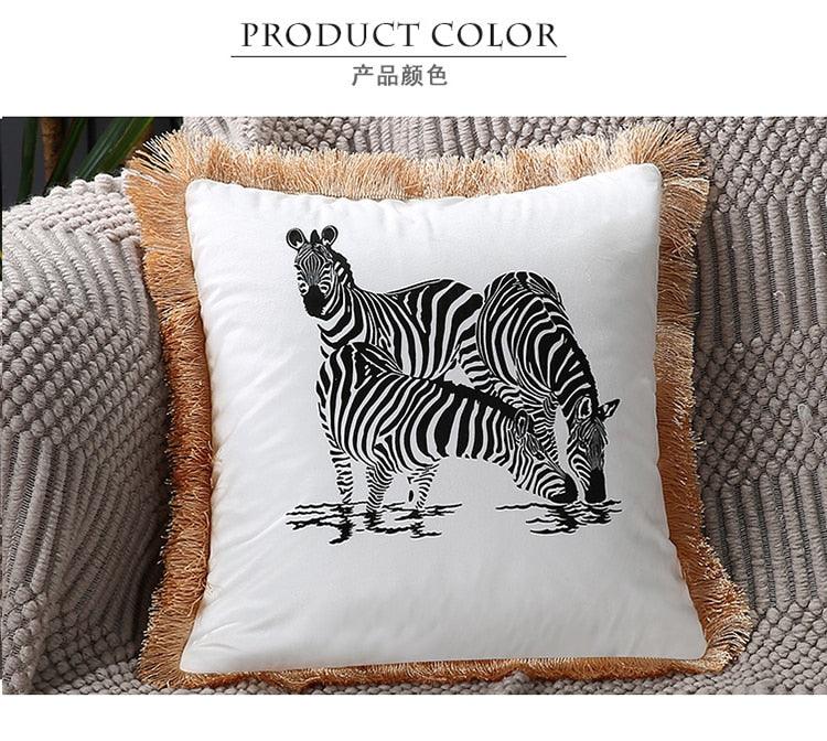 Stevvex zebra printed polyester cushion cover white with tassel-edge fringe for sofa or bed on Tampa Home & Garden Store