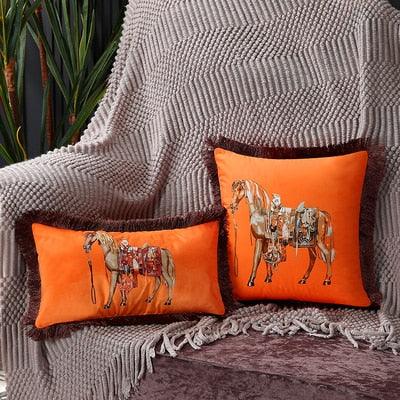 Throw pillow cushion covers in orange with horse prints and tassel edge, set of 2 on Tampa Home & Garden Store