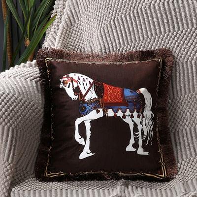 Horse printed brown polyester cushion cover with tassel edge for decorative throw pillow on Tampa Home & Garden Store