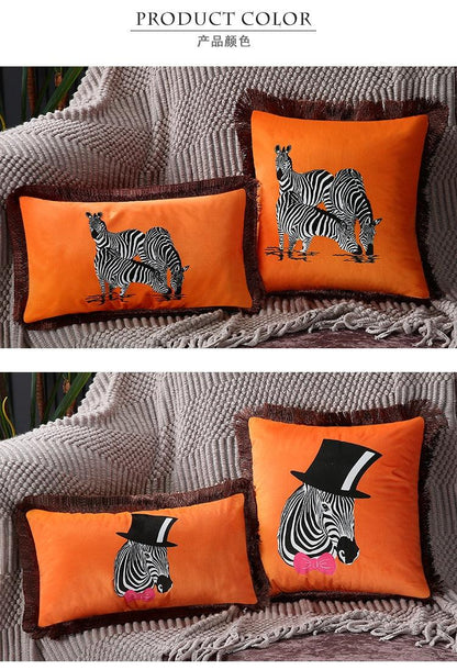 Stevvex orange zebra print cushion covers with brown fringe tassel edge polyester 2pc set on Tampa Home & Garden Store