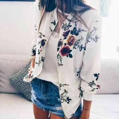 Stevvex floral bomber jacket with zipper, white base, long sleeves on Tampa Home & Garden Store