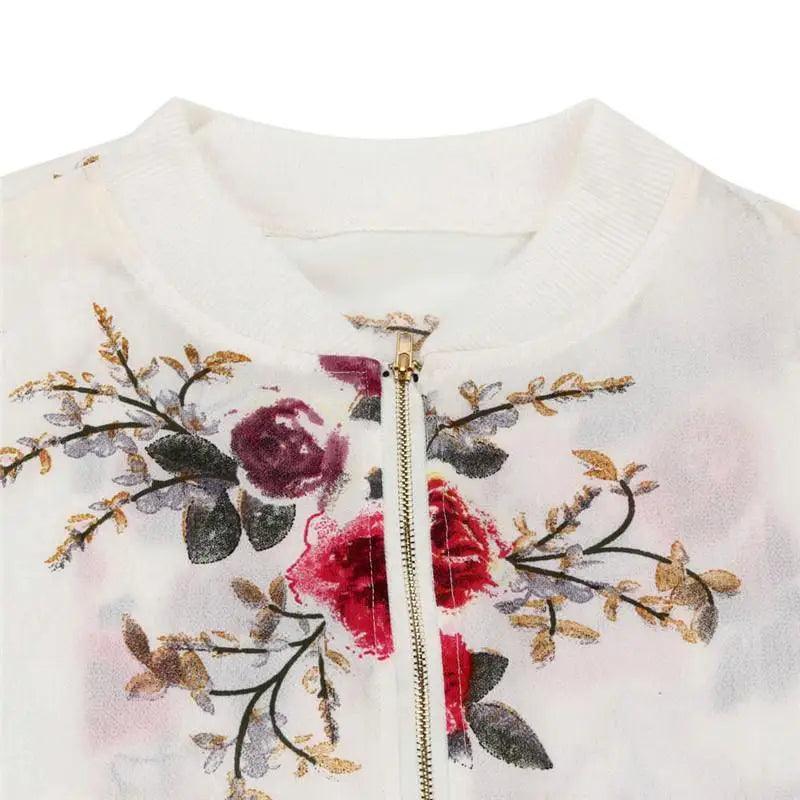 Stevvex women's floral print bomber jacket with gold zipper front white base fabric on Tampa Home & Garden Store