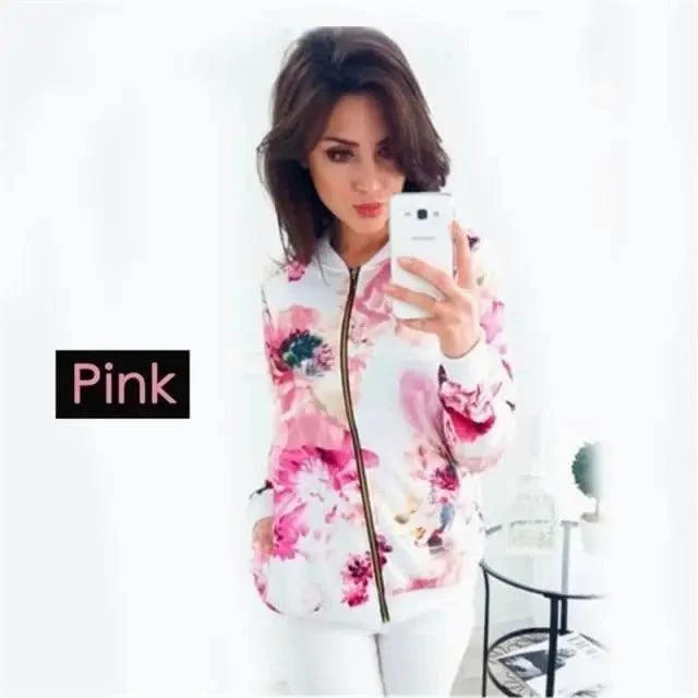 Stevvex pink floral bomber jacket with zipper, long sleeves and pockets ideal for spring on Tampa Home & Garden Store