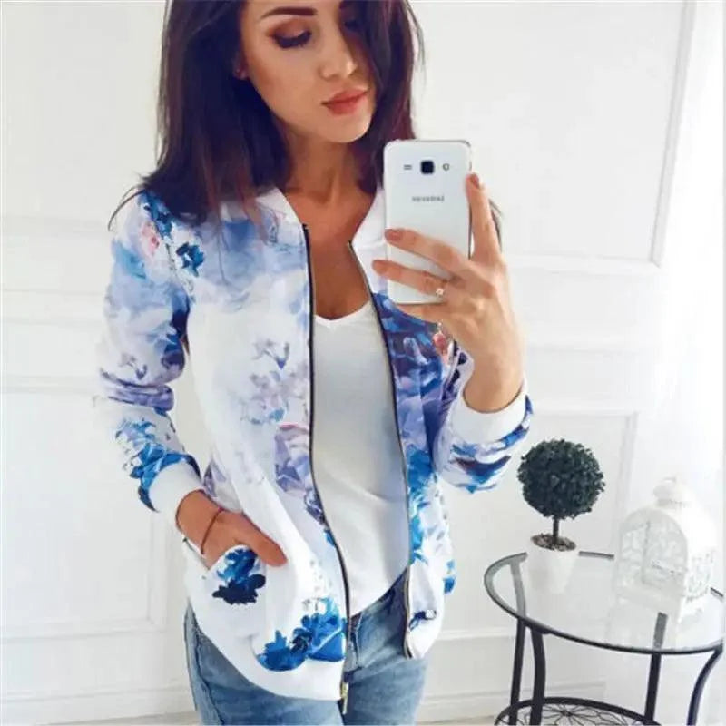 Stevvex floral bomber jacket zip-up blue print with pockets lightweight spring outwear on Tampa Home & Garden Store