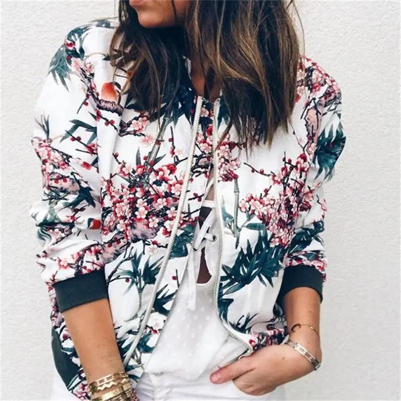 Stevvex floral bomber jacket white base with pink blossoms and green leaves, zip front on Tampa Home & Garden Store