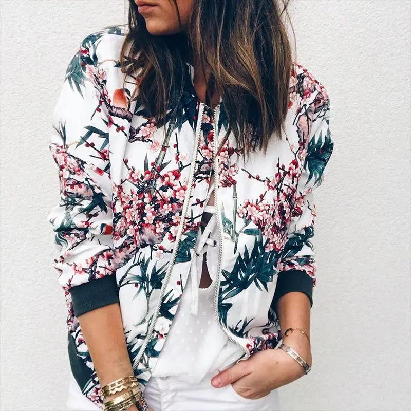 Stevvex floral print bomber jacket with zipper, white base, long sleeves on Tampa Home & Garden Store