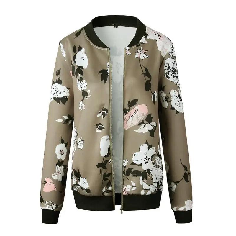 Stevvex floral bomber jacket beige with black ribbed cuffs and hem zip front on Tampa Home & Garden Store