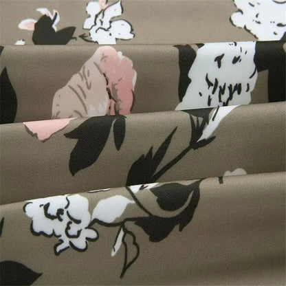 Floral bomber jacket fabric in taupe with pink and white blossoms by Stevvex ST93343ZUG on Tampa Home & Garden Store
