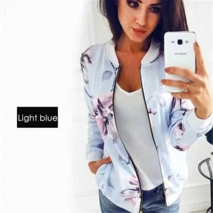 Stevvex floral bomber jacket, light blue with pink blossoms, zip-front with pockets on Tampa Home & Garden Store