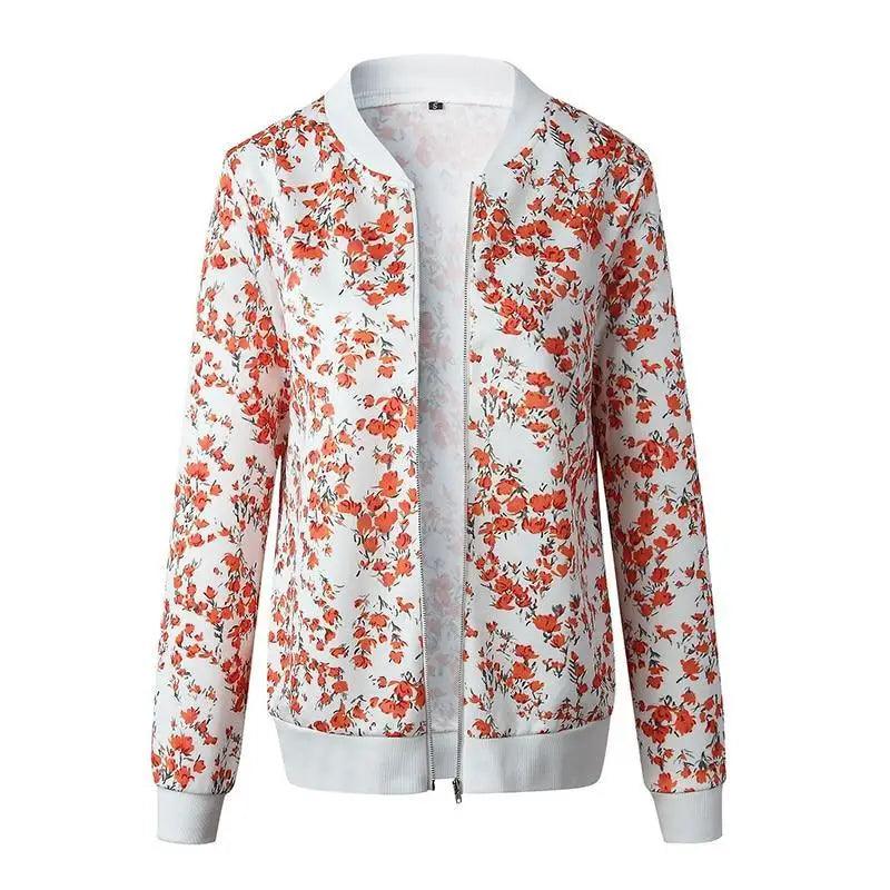 Floral bomber jacket with zip front, white base and orange blossoms, ribbed cuffs and hem on Tampa Home & Garden Store