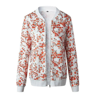 Floral bomber jacket with zip front, white base and orange blossoms, ribbed cuffs and hem on Tampa Home & Garden Store