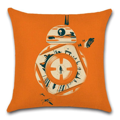 Throw pillow cover featuring orange robot pattern in a BB-8 style, polyester linen decorative cushion for couch on Tampa Home & Garden Store