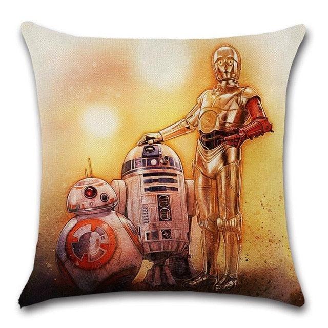 Robot pattern throw pillow cover with C-3PO and R2-D2 waving, polyester linen decor for couch on Tampa Home & Garden Store