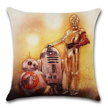Robot pattern throw pillow cover with C-3PO and R2-D2 waving, polyester linen decor for couch on Tampa Home & Garden Store