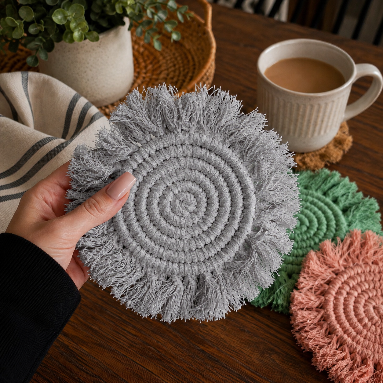 Sous-verres tressés à pompons pastel