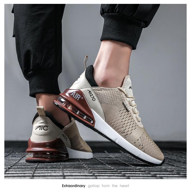 Unisex Stevvex air cushion running shoes beige knit upper white midsole brown heel air unit on Tampa Home & Garden Store