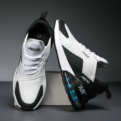 Stevvex unisex air cushion running shoes white black mesh upper blue visible air sole on Tampa Home & Garden Store