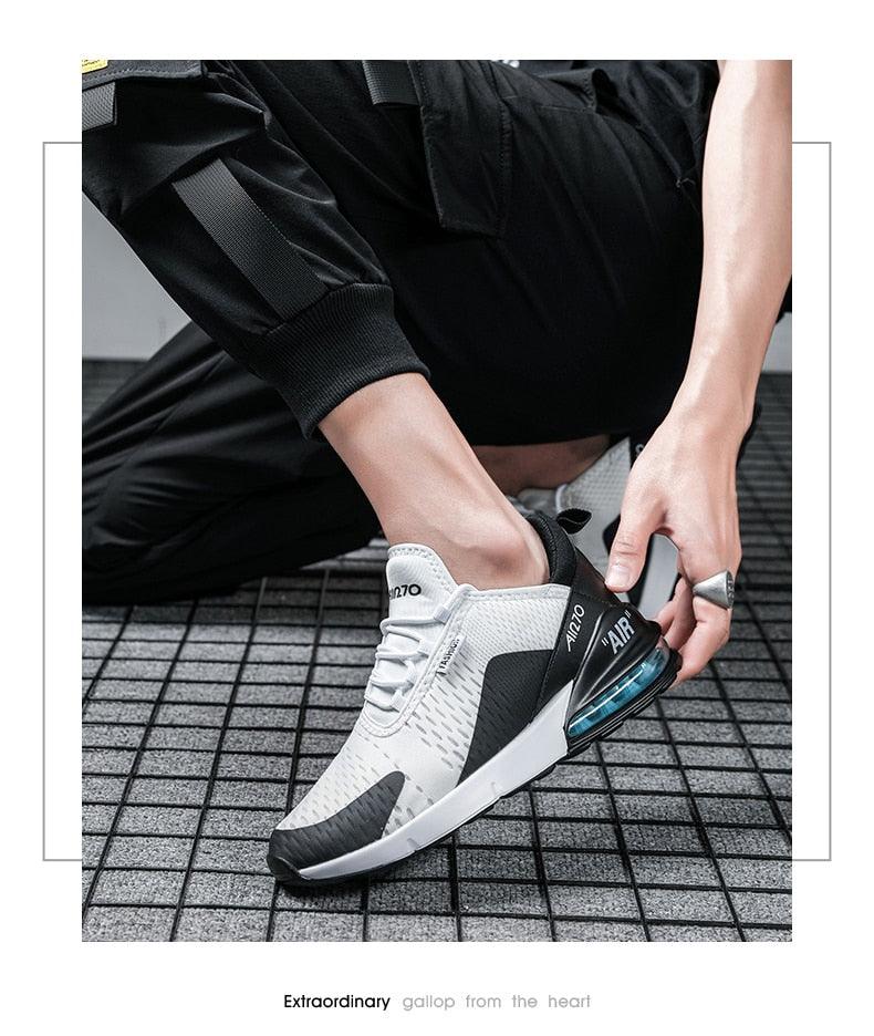 Stevvex unisex air cushion running shoes white with black overlays and blue air unit on Tampa Home & Garden Store