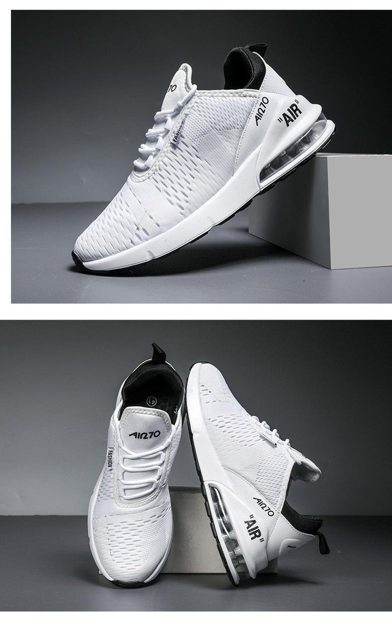 Stevvex Unisex Air Cushion Running Shoes white breathable mesh upper with visible air sole on Tampa Home & Garden Store
Stevvex Air Cushion Sneakers white athletic shoes with mesh upper, black lining and visible air midsole on Tampa Home & Garden Store