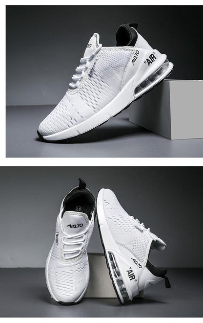 Stevvex Unisex Air Cushion Running Shoes white breathable mesh upper with visible air sole on Tampa Home & Garden Store
Stevvex Air Cushion Sneakers white athletic shoes with mesh upper, black lining and visible air midsole on Tampa Home & Garden Store