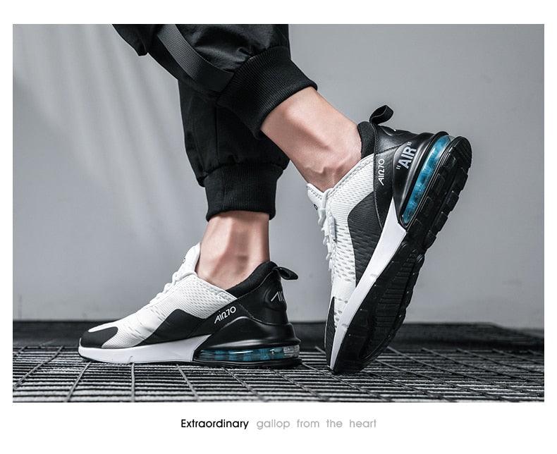 Unisex Stevvex Air Cushion Running Shoes with white mesh upper, black heel, blue air sole on Tampa Home & Garden Store