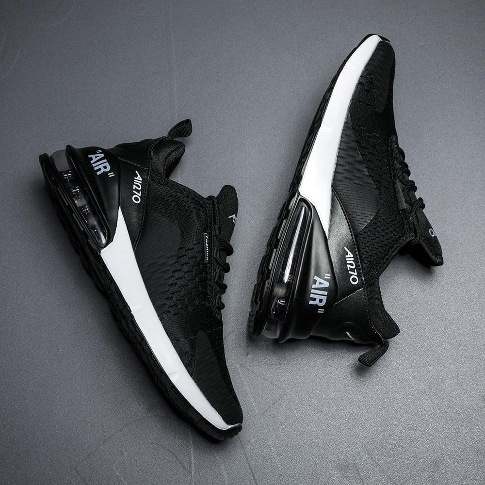 Unisex Stevvex air cushion running shoes black mesh upper with white midsole and heel air unit on Tampa Home & Garden Store
