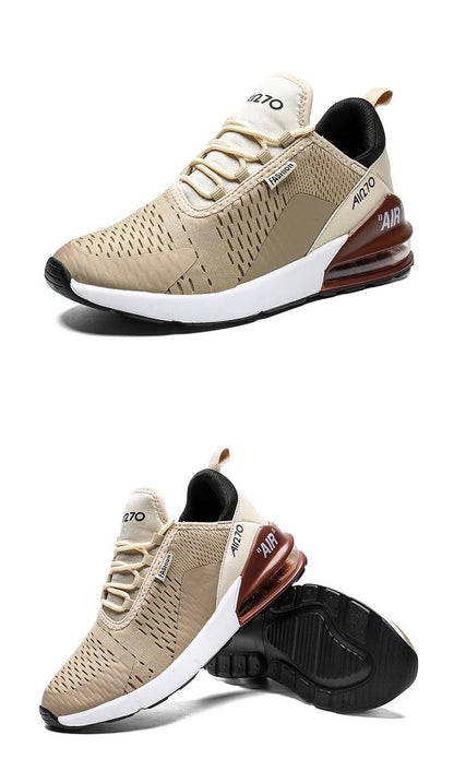 Stevvex air cushion running shoes beige breathable knit upper white midsole heel accent on Tampa Home & Garden Store
