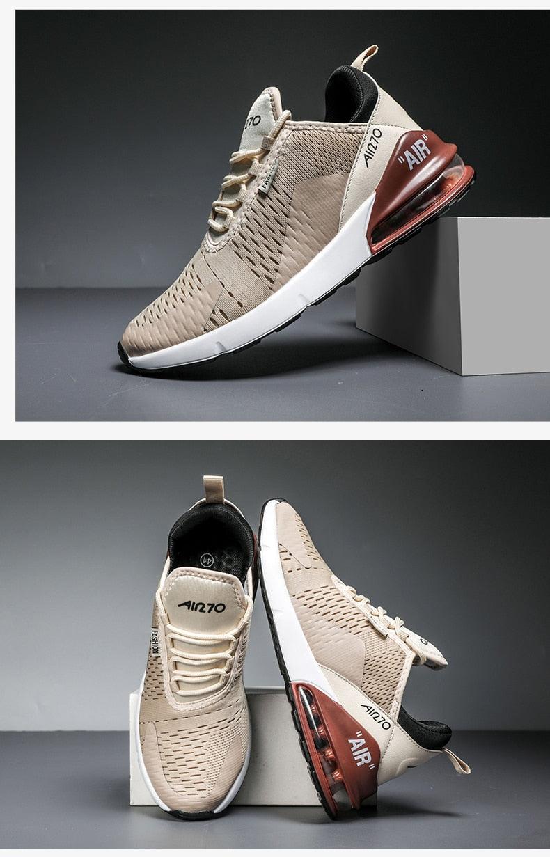 Stevvex unisex running shoes, beige breathable upper with red heel air unit on Tampa Home & Garden Store
