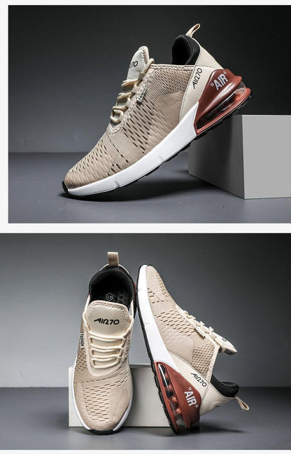 Stevvex unisex running shoes, beige breathable upper with red heel air unit on Tampa Home & Garden Store