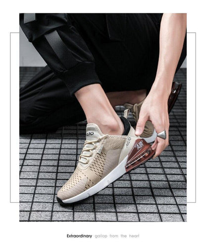 Stevvex unisex air cushion running shoes beige knit upper, breathable with visible air heel on Tampa Home & Garden Store