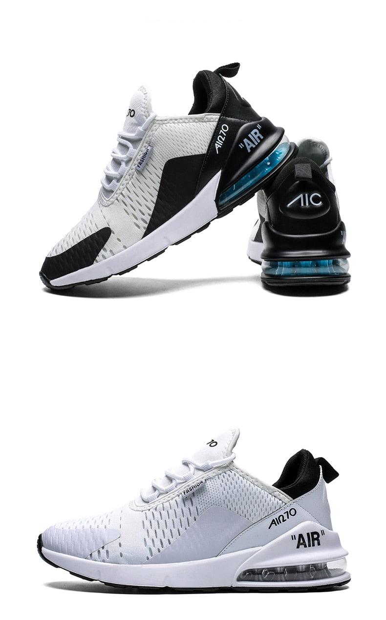 Stevvex unisex athletic sneakers white/gray with black heel and blue air cushion sole, dual views on Tampa Home & Garden Store