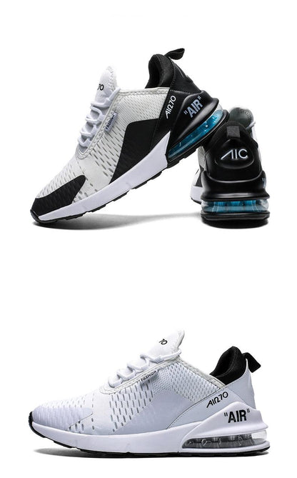 Stevvex unisex athletic sneakers white/gray with black heel and blue air cushion sole, dual views on Tampa Home & Garden Store