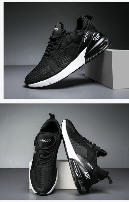Stevvex black air cushion running shoes with breathable knit upper and white midsole on Tampa Home & Garden Store