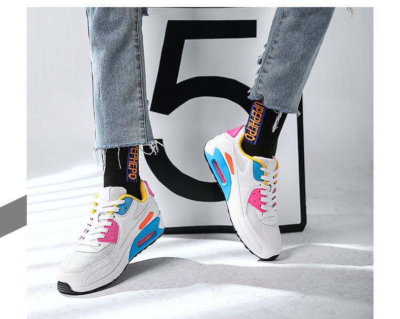 Stevvex Unisex Air Cushion Sneakers white with pink blue yellow color blocks lace-up pair on Tampa Home & Garden Store