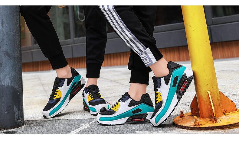 Unisex air cushion sneakers Stevvex teal black white with yellow accents casual jogging shoes on Tampa Home & Garden Store