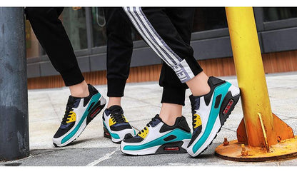 Unisex air cushion sneakers Stevvex teal black white with yellow accents casual jogging shoes on Tampa Home & Garden Store