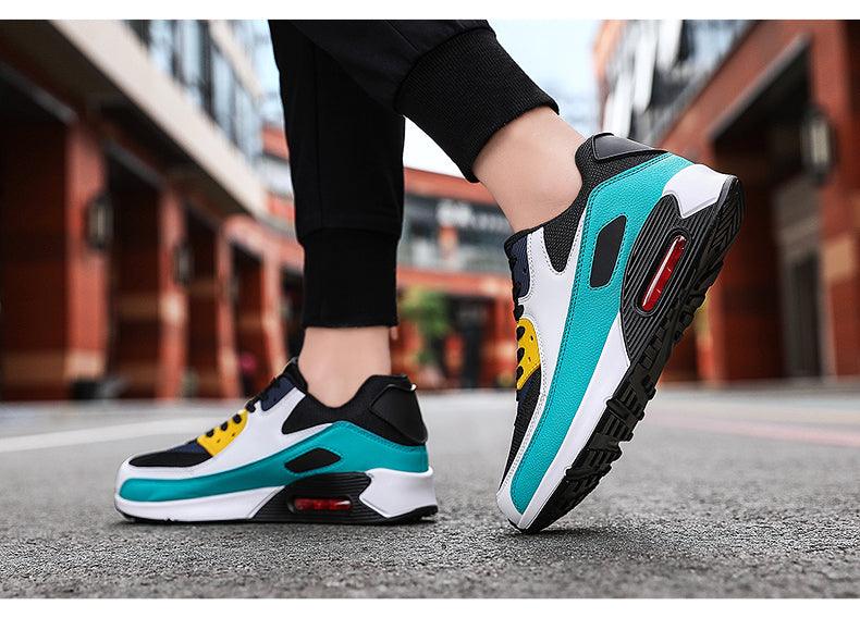 Stevvex unisex air cushion sneakers turquoise white yellow accents with black overlays on Tampa Home & Garden Store