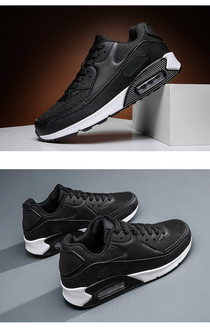 Unisex Stevvex Air Cushion Sneakers black mesh upper, lace-up, air-cushion sole pair on Tampa Home & Garden Store