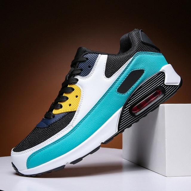 Stevvex unisex air cushion sneakers turquoise white black with yellow accents lace-up on Tampa Home & Garden Store