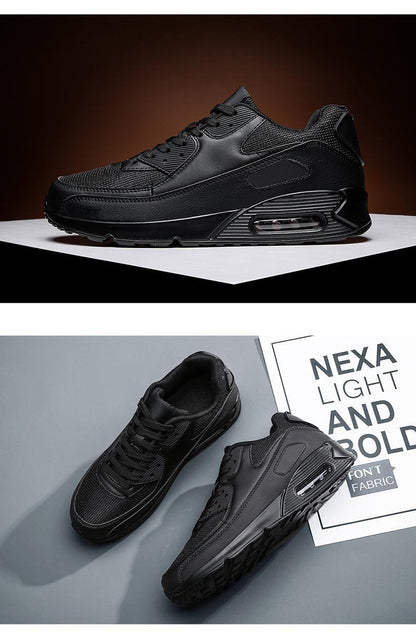 Stevvex black unisex air cushion sneakers with mesh upper and visible air unit on Tampa Home & Garden Store
Stevvex black sneakers two sneakers shown with textured panels and chunky sole on Tampa Home & Garden Store