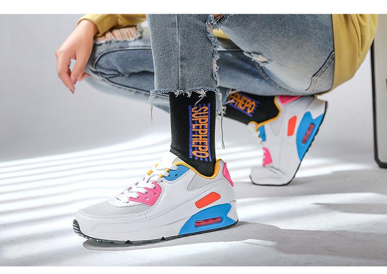 Stevvex unisex air cushion sneakers, colorful white running shoes with pink, blue accents on Tampa Home & Garden Store