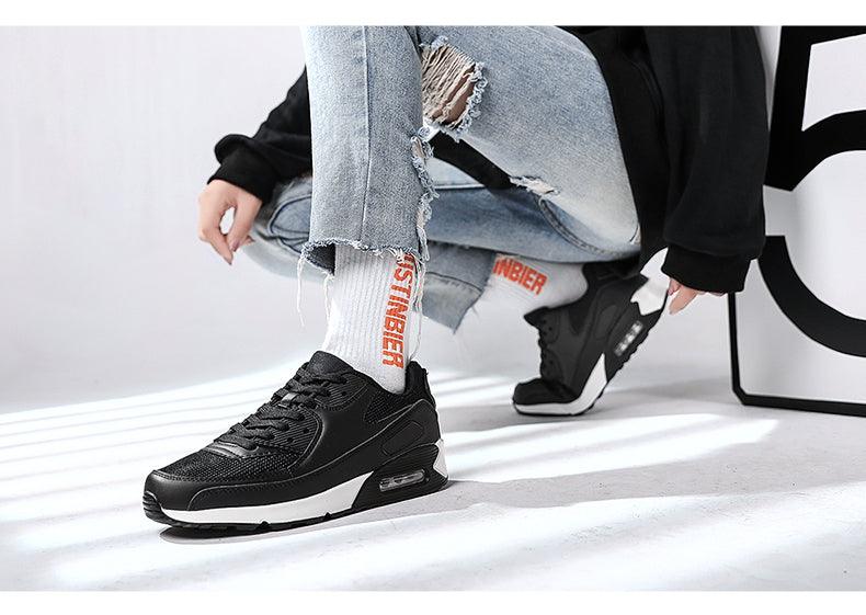 Stevvex unisex air cushion sneakers black mesh upper lace-up white sole on Tampa Home & Garden Store