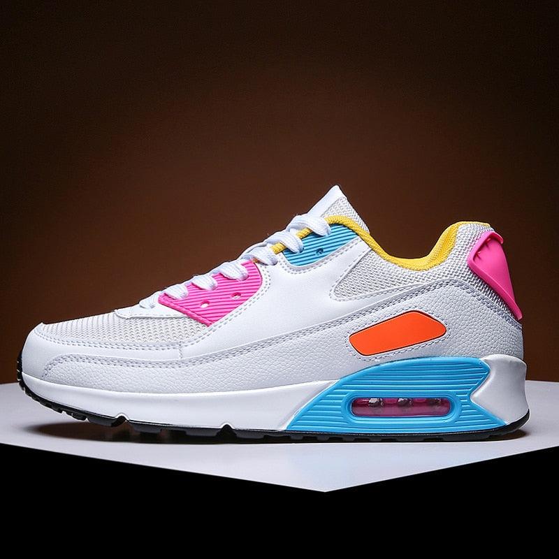 Stevvex Unisex Air Cushion Sneakers white with pink accents, blue heel details and air sole on Tampa Home & Garden Store