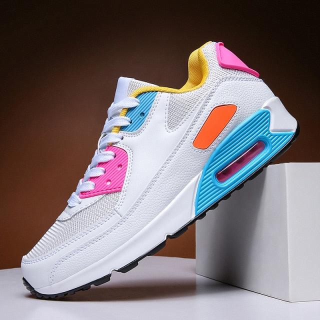 Unisex Stevvex air cushion sneakers white with pink accents and blue side panel on Tampa Home & Garden Store